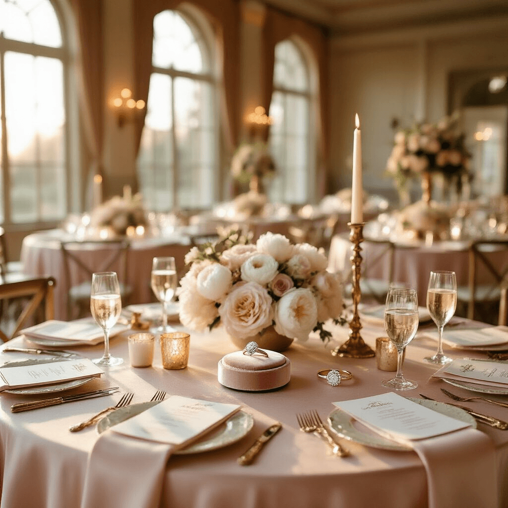 The Marquise Engagement Ring: Why This Royal Cut Deserves Your Attention Elegant engagement party setup in an indoor ballroom, featuring blush pink silk draped tables, marquise diamond rings as centerpieces, champagne flutes, white peonies, and soft sunlight casting shadows through tall windows, complemented by rose gold candelabras and custom calligraphy place cards, all in a luxurious French-inspired atmosphere.