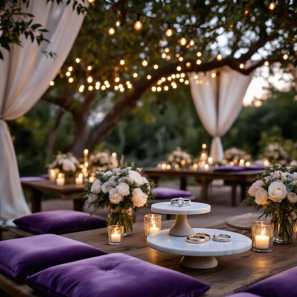 The Marquise Engagement Ring: Why This Royal Cut Deserves Your Attention Cinematic twilight engagement celebration in an intimate garden, featuring low rustic wood tables with lavender and silver velvet cushions, fairy lights overhead, a marquise sapphire ring on a marble cake stand surrounded by emerald and ruby stones, sheer ivory drapery, white florals in glass vessels, and curved wedding bands arranged on aged wood, all illuminated by soft candlelight for a romantic atmosphere.