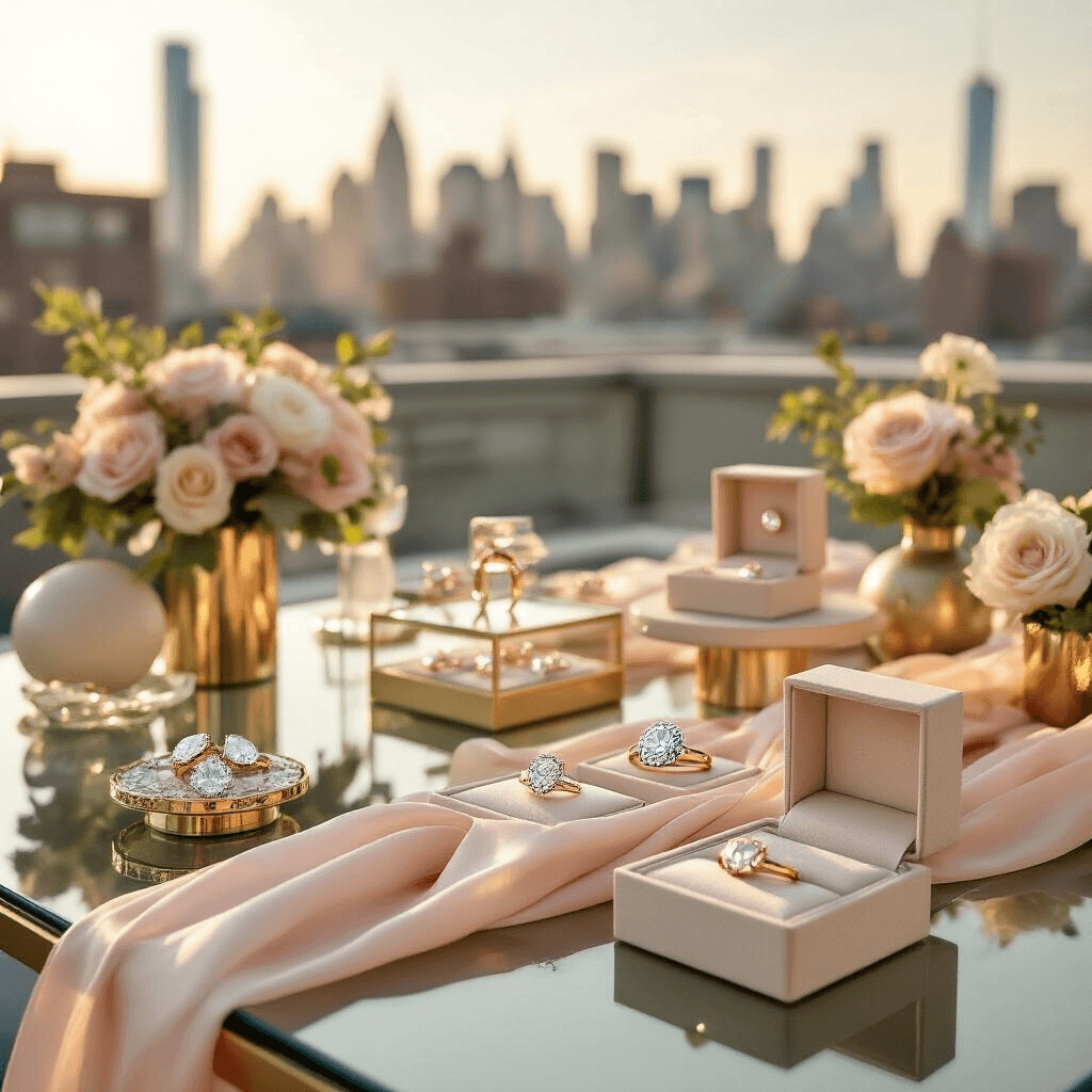 The Marquise Engagement Ring: Why This Royal Cut Deserves Your Attention Close-up detail of a modern rooftop terrace ring reveal party at dawn, featuring sleek glass tables with gold and ivory linens, tiered stands showcasing marquise-cut stones, open custom ring boxes revealing colorful gems, blush pink silk ribbons, contemporary vases with sage greenery, sunlight enhancing diamond sparkle, minimalist cream-toned balloons, and an elegant urban skyline backdrop.