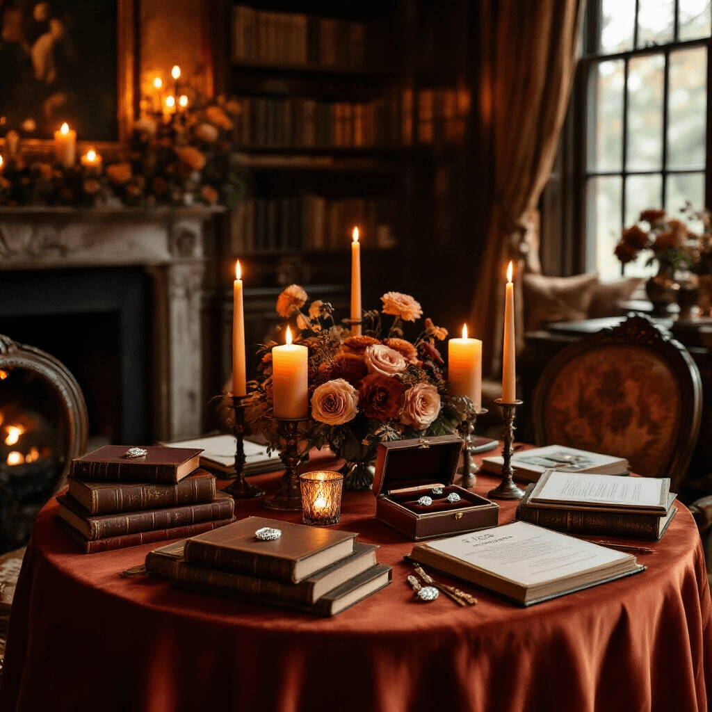 The Marquise Engagement Ring: Why This Royal Cut Deserves Your Attention Cozy candlelit living room transformed for a marquise ring education event, featuring a terracotta silk-draped round table with vintage books on royal jewelry, antique velvet-lined trays displaying marquise engagement rings, warm amber candlelight creating dramatic shadows, fresh florals in muted tones, and custom signage detailing cut ratios and technical information, all enveloped in rich jewel-toned textiles.