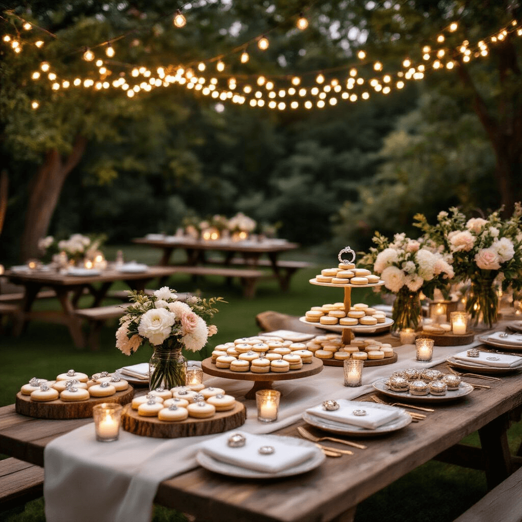 The Marquise Engagement Ring: Why This Royal Cut Deserves Your Attention A wide-angle shot of a stylish backyard celebration at night, featuring picnic-style tables with rustic wood elements, a dessert cart displaying marquise-cut gemstone cookies, personalized place settings with guests' birthstones, string lights creating a magical overhead canopy, and fresh white and blush florals in mason jars, all creating a festive yet elegant atmosphere.