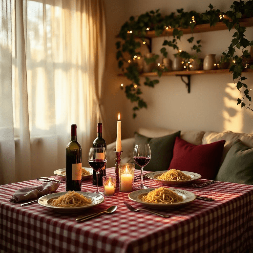 Date Night at Home: Transform Your Space Into the Ultimate Romance Haven A cozy living room transformed into an Italian bistro scene, featuring soft golden sunlight, a red checkered dining table, wine bottles as candlesticks, fairy lights, mismatched vintage plates with pasta, and a warm, romantic atmosphere.