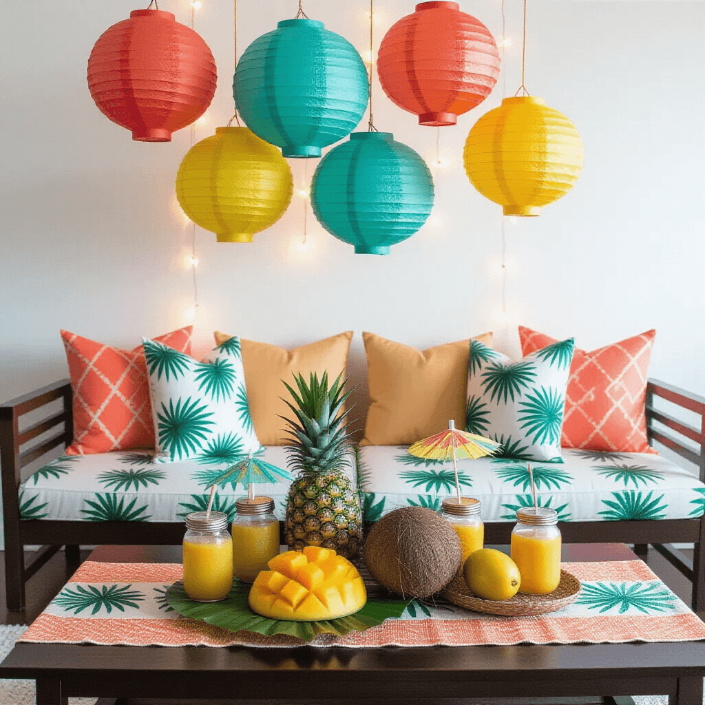 Date Night at Home: Transform Your Space Into the Ultimate Romance Haven A vibrant flat lay of a tropical-themed modern apartment with colorful lanterns, tropical fruits, and bold patterned beach towels, illuminated by warm string lights and showcasing a festive yet intimate atmosphere.
