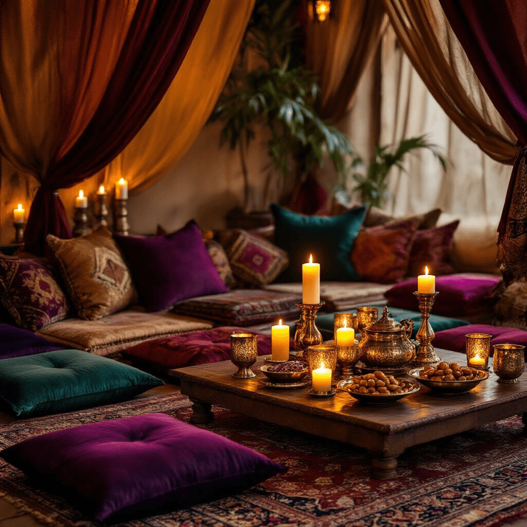 Date Night at Home: Transform Your Space Into the Ultimate Romance Haven Close-up of a cozy Moroccan-inspired lounge featuring jewel-toned floor cushions, candlelit metallic tea glasses on a low wooden table, and rich fabrics draped from the ceiling, all illuminated in warm amber tones.