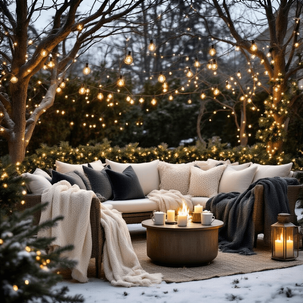 Date Night at Home: Transform Your Space Into the Ultimate Romance Haven Wide shot of a winter wonderland date night setup in a cozy backyard, featuring plush throw blankets, string lights between tree branches, pillar candles for ambiance, oversized mugs of hot chocolate, and fresh evergreen garland, all in a warm color palette.