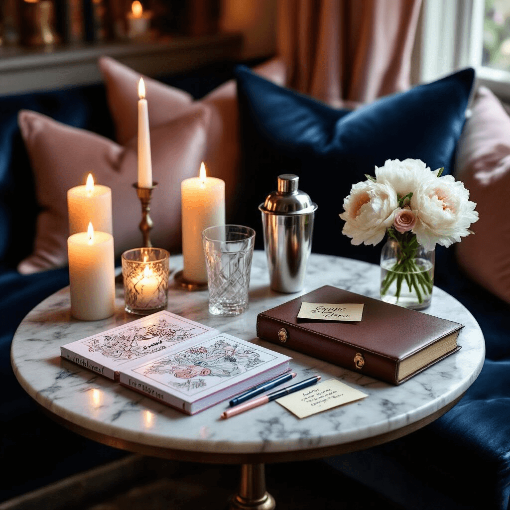 Date Night at Home: Transform Your Space Into the Ultimate Romance Haven Moody close-up of an elegant game night setup featuring a marble side table with coloring books, couple's question cards, and a vintage cocktail shaker. Blush pink silk table linens and deep navy velvet cushions create a sophisticated ambiance, enhanced by grouped pillar candles casting shadows. Fresh white peonies in a glass vase add elegance to the intimate atmosphere of playful romance.