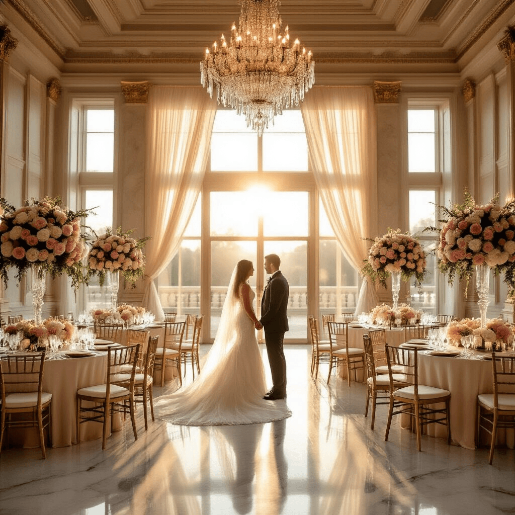 Your Wedding Planning Timeline: When to Book Everything for Your Dream Day Wide-angle shot of a luxurious ballroom during golden hour, featuring polished marble floors, round tables with ivory silk linens, and floral centerpieces. A bride and groom consult with their planner amidst elegant decor, including crystal chandeliers and gold Chiavari chairs, all illuminated by sunlight streaming through large windows.