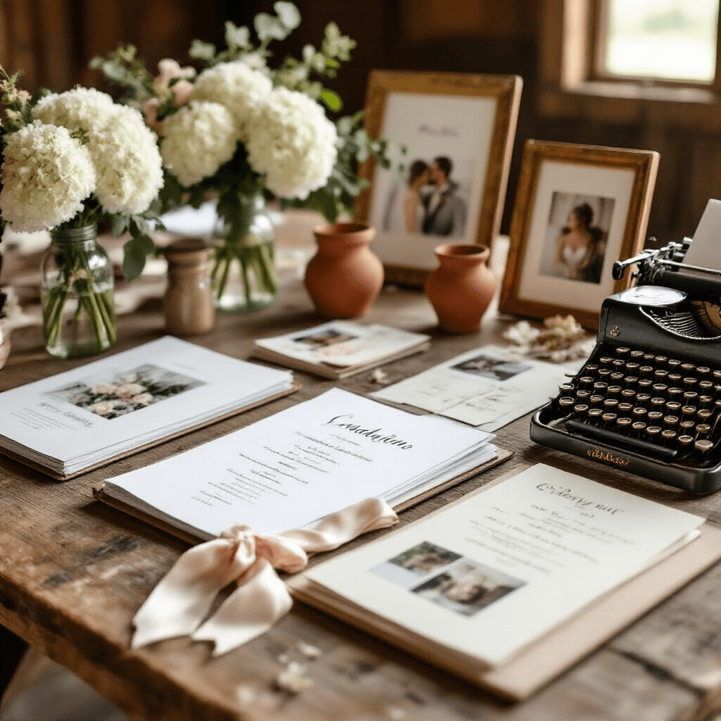 Your Wedding Planning Timeline: When to Book Everything for Your Dream Day Close-up detail of a rustic wedding vendor meeting setup featuring opened planning binders, floral inspiration pages, and catering menus on a wooden table, with hydrangeas in mason jars, vintage frames with engagement photos, silk ribbon samples, a vintage typewriter, polaroid photos, and notes, all illuminated by soft morning light.