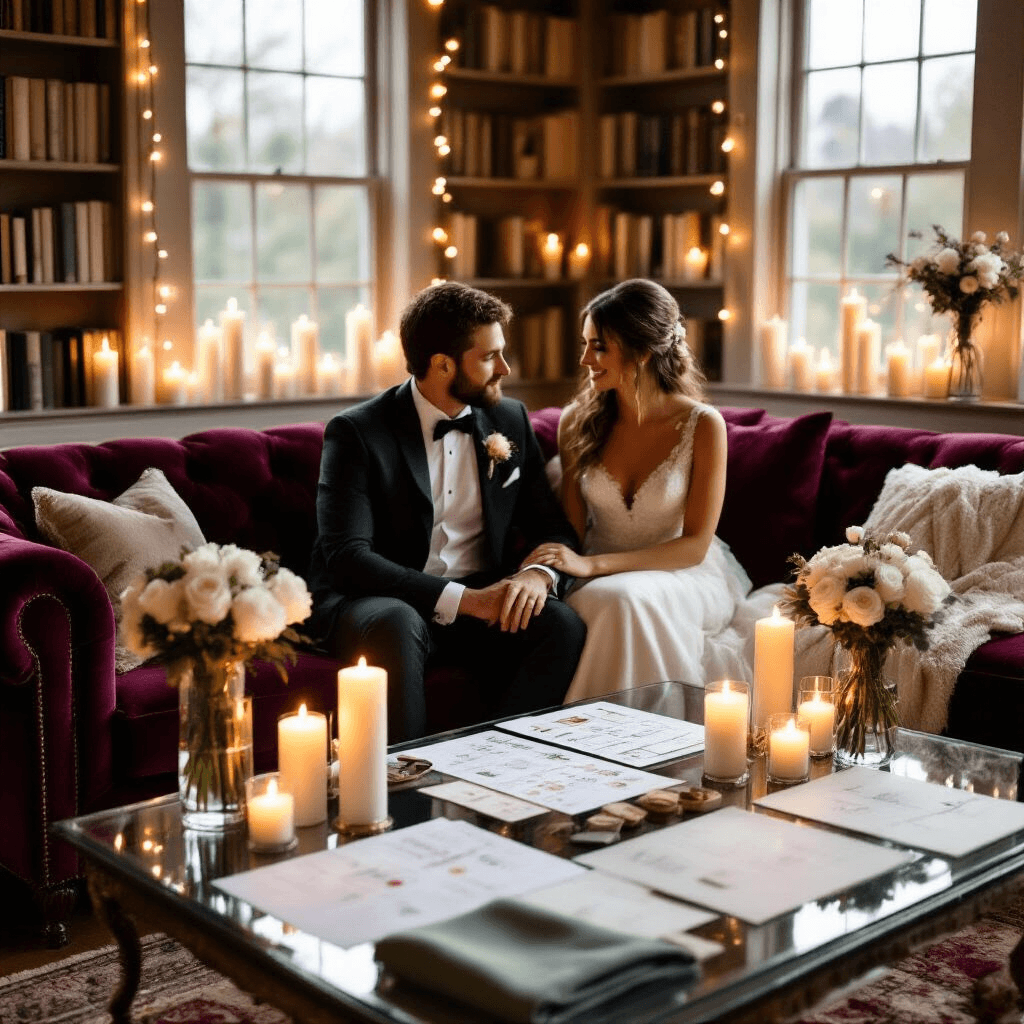 Your Wedding Planning Timeline: When to Book Everything for Your Dream Day Cinematic wide shot of a couple planning their wedding in a cozy living room, sitting on a burgundy velvet sofa surrounded by timeline charts, vendor sheets, and fabric samples, with warm candlelight and fairy lights enhancing the intimate atmosphere.