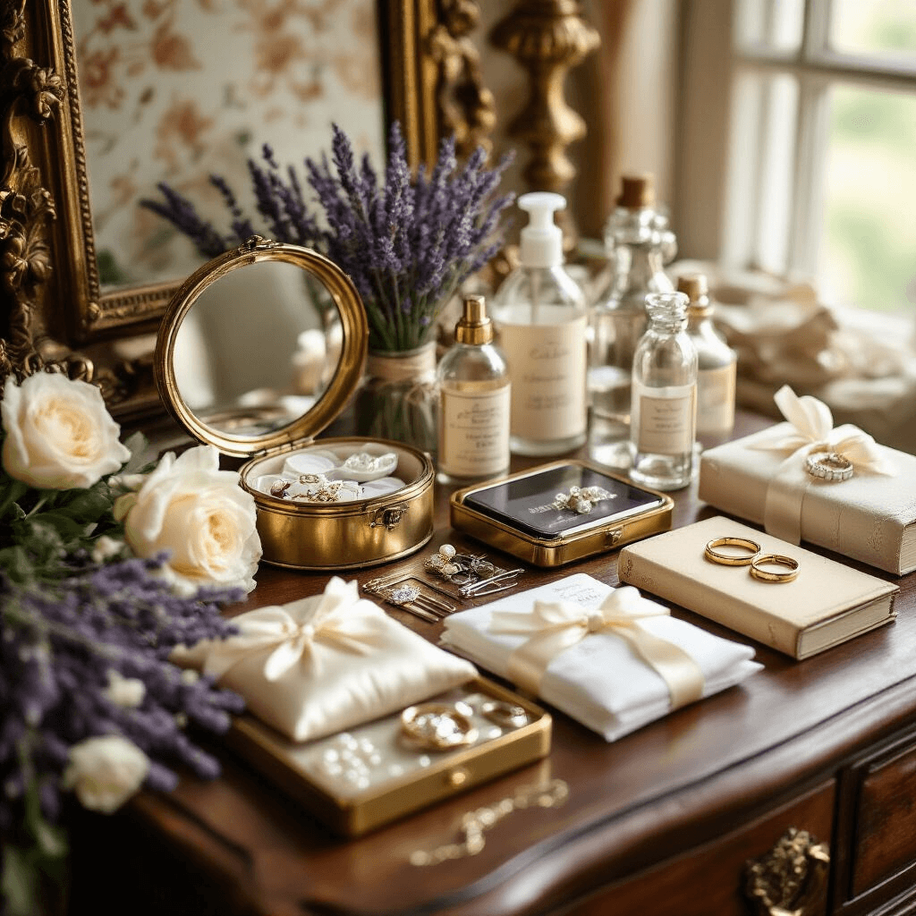 Your Wedding Planning Timeline: When to Book Everything for Your Dream Day Detailed shot of a wedding day survival kit on a vintage wooden vanity, featuring elegant emergency supplies in organized containers, surrounded by fresh lavender and white roses, illuminated by golden hour light against an ornate wallpaper backdrop.