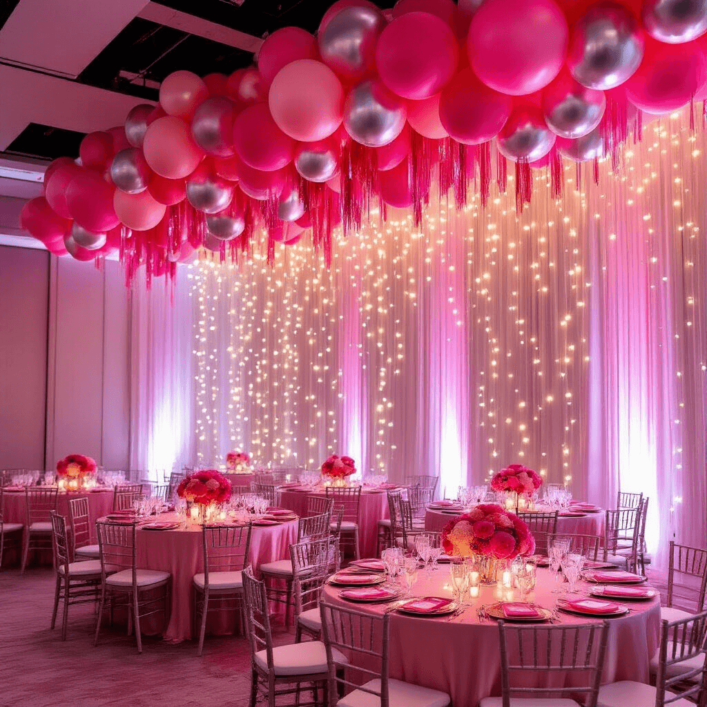 Cinematic wide-angle shot of an elegant indoor party room decorated in a Barbie dreamscape theme, featuring a vibrant 12-foot balloon garland in pink hues, silk blush pink table linens, chrome pink centerpieces, and illuminated by soft LED lights, with pink metallic fringe curtains and starburst foil balloons, all enhanced by golden hour sunlight.