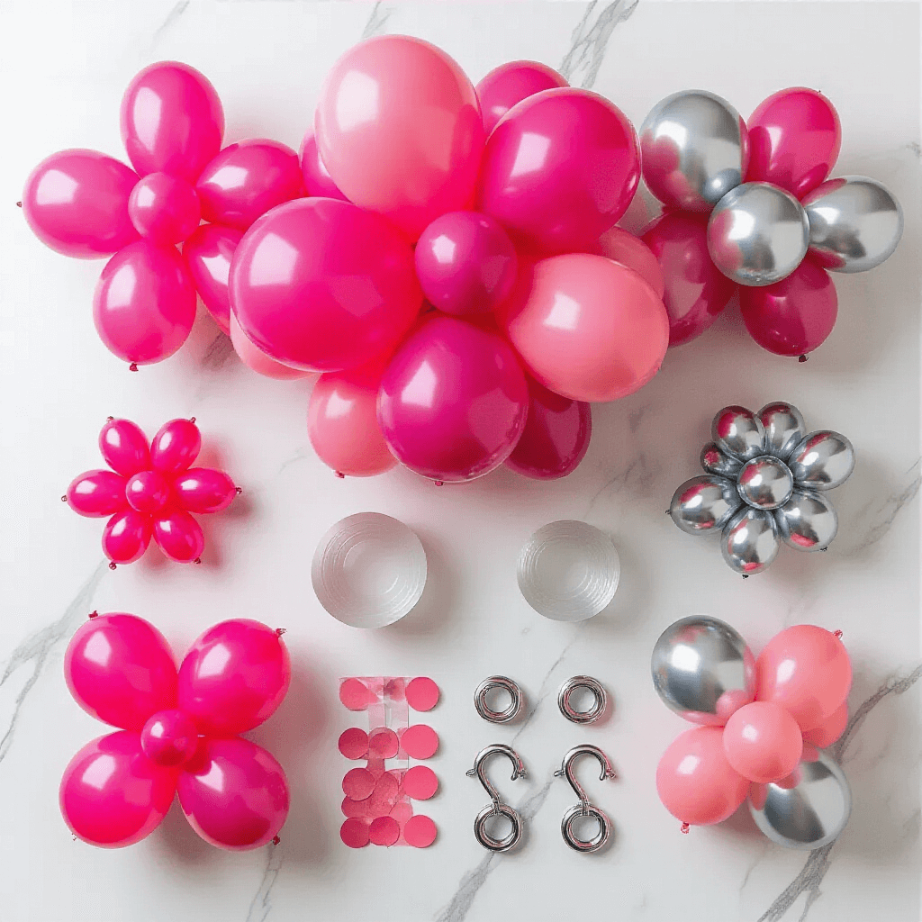 Overhead flat lay of vibrant balloon clusters in hot pink, fuchsia, chrome pink, and silver on a white marble countertop, showcasing their intricate construction with 260 modeling balloons as connectors and various sizes from 36-inch to 5-inch. Professional party planning tools like tape, adhesive hooks, and balloon weights are arranged nearby, illuminated by soft morning light enhancing the metallic surfaces and depth of the balloons.