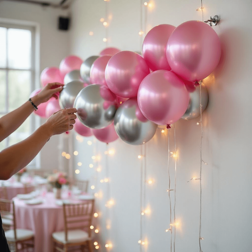 Close-up of hands positioning the last cluster of chrome pink and silver balloons onto a main garland, showcasing layered depth with varying balloon sizes, adhesive hooks on a white wall, party tables with silk pink linens in the background, and fairy lights woven through the garland.