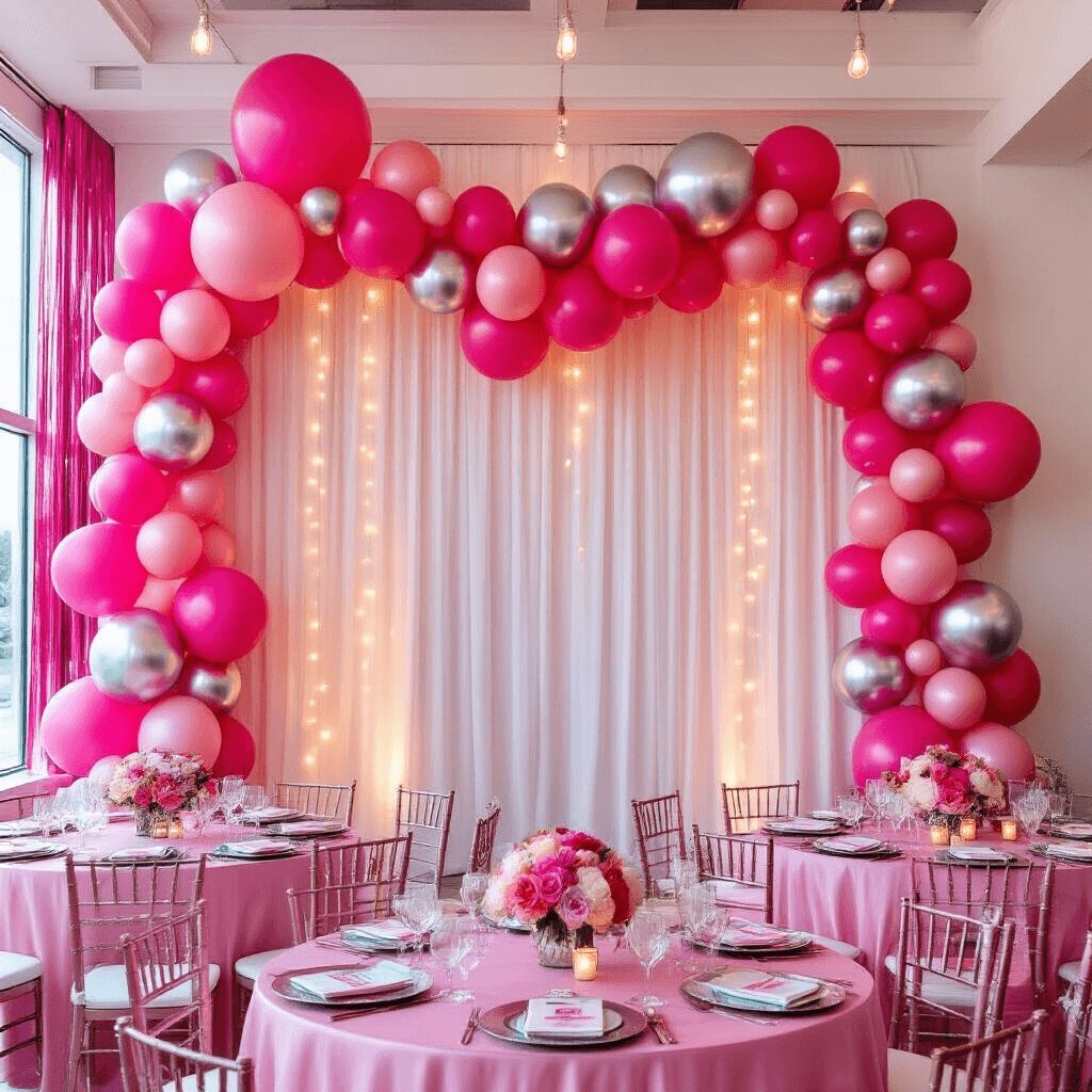 Wide-angle view of a vibrant Barbie balloon garland installation in golden hour light, showcasing hot pink, fuchsia, chrome pink, and silver balloons cascading from strategic mounting points. Below, round tables draped in silk blush pink tablecloths feature silver charger plates and chrome pink floral centerpieces. Pink metallic fringe curtains and glowing LED string lights enhance the magical atmosphere, complemented by custom Barbie signage and starburst foil balloon accents.