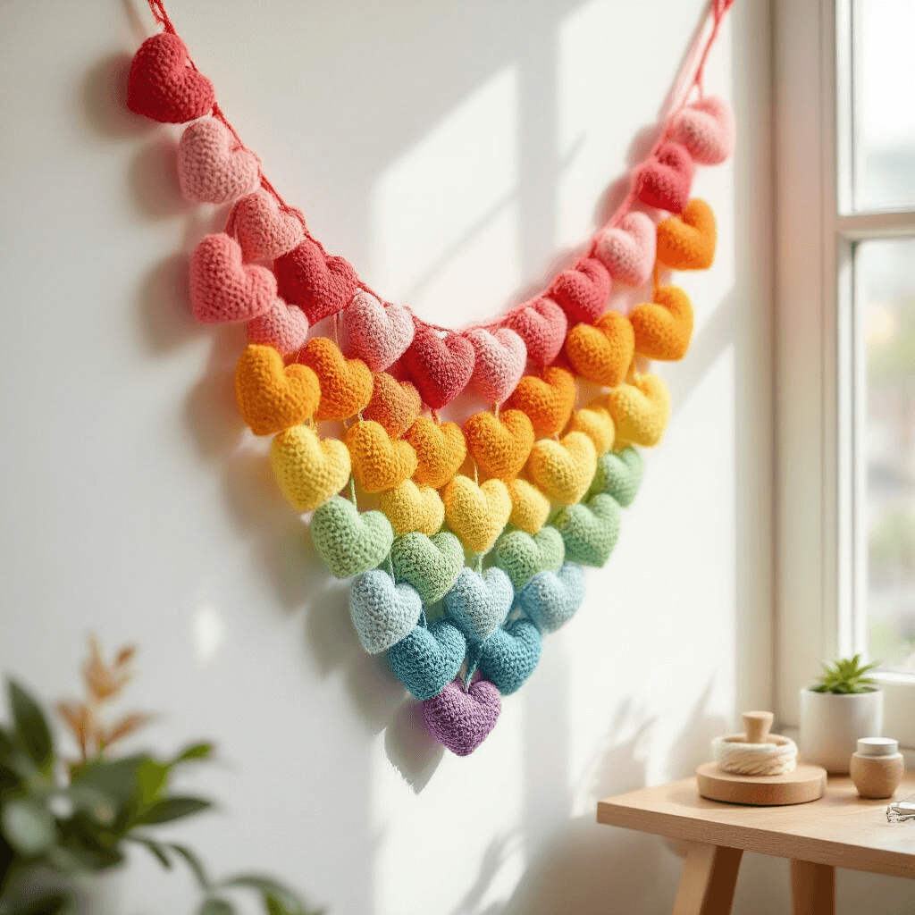The Crochet Heart Garland That Made My Neighbors Stop and Stare (And How You Can Make One Too) Close-up shot of a vibrant rainbow heart garland in a modern apartment, showcasing crochet craftsmanship in coral, sunny yellow, and mint green against a white wall. Soft morning light highlights the textured yarn and elegant spacing of the hearts, with a wooden craft table nearby.