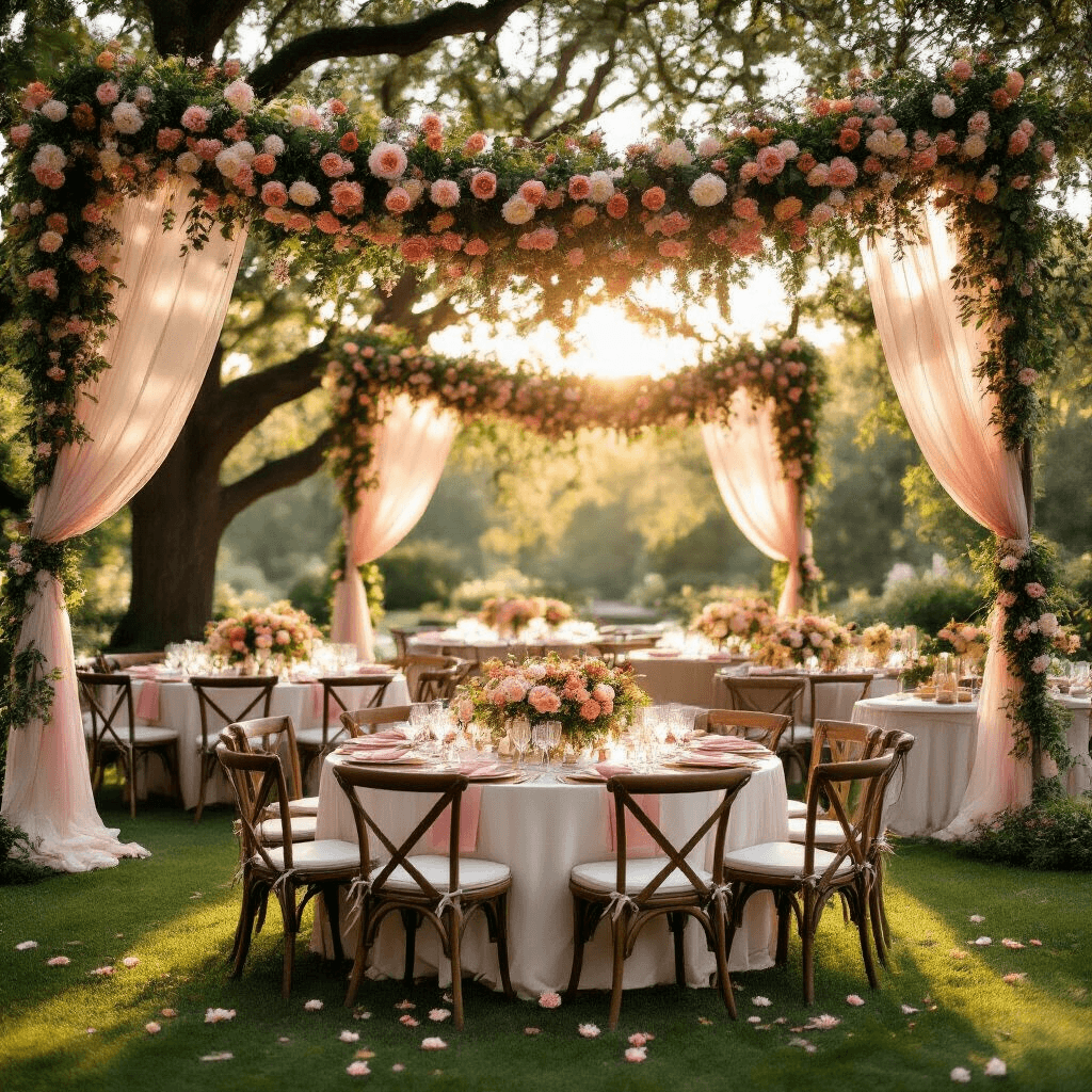 Creating Your First DIY Flower Garland: A Complete Beginner's Guide Cinematic wide-angle shot of an elegant outdoor garden party with a flower garland canopy, round tables set with ivory linens, blush pink napkins, and vintage wooden chairs, featuring cascades of carnations and marigolds, soft fairy lights, and a romantic atmosphere during golden hour.