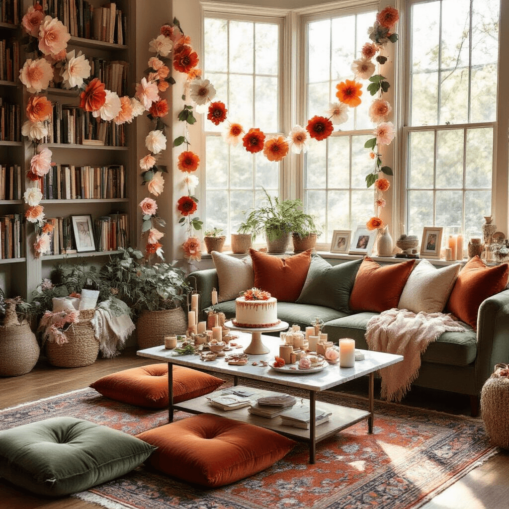 Creating Your First DIY Flower Garland: A Complete Beginner's Guide Overhead view of a cozy living room birthday celebration featuring paper flower garlands on bookshelves, soft morning light, a low coffee table with sage green and terracotta floor cushions, a birthday cake on a marble pedestal, and a DIY craft station with supplies, all set on layered Persian rugs and surrounded by candles and personal mementos, capturing a handmade and intimate atmosphere.
