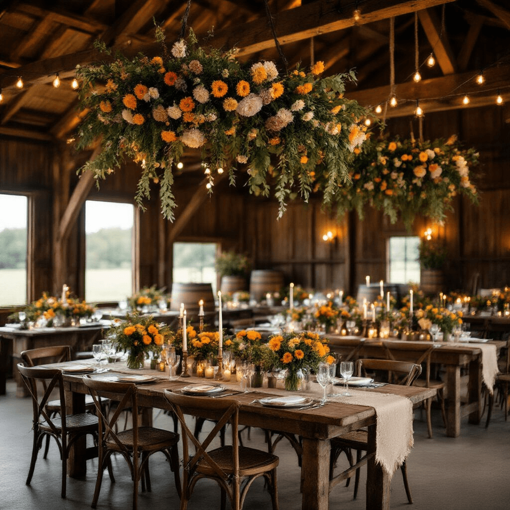 Creating Your First DIY Flower Garland: A Complete Beginner's Guide Moody candlelit rustic barn wedding reception with dramatic silk flower garlands from wooden beams, farmhouse tables with vintage chairs, burlap and lace runners, mason jar centerpieces, warm string lights, jute rope garlands, wine barrel tables, lavender bundles on chairs, and custom calligraphy signage, showcasing romantic rustic details and textures.