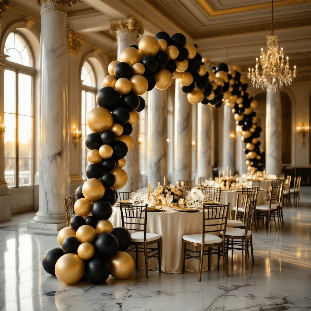 Creating Stunning Black and Gold Balloon Garlands That'll Make Your Guests Gasp Cinematic wide-angle shot of an elegant ballroom adorned with a black and gold balloon garland, featuring round tables with ivory silk linens, gold charger plates, and crystal glassware, illuminated by warm natural light streaming through tall windows.