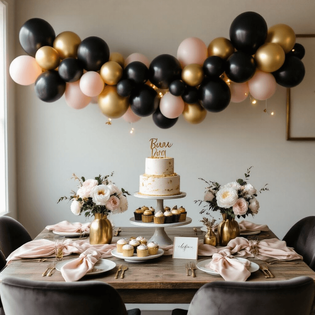 Creating Stunning Black and Gold Balloon Garlands That'll Make Your Guests Gasp Overhead flat lay of an intimate dining nook with a rustic wooden farm table adorned with a black and gold balloon garland, a tiered birthday cake on marble stands, gold-dusted desserts, blush and cream silk napkins, fresh white peonies in gold vases, personalized place cards, and battery-operated string lights, all illuminated by soft morning light.