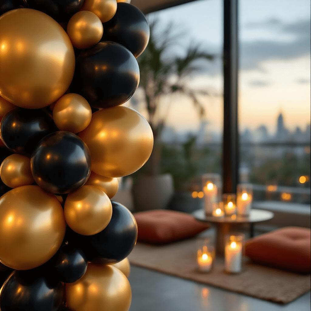 Creating Stunning Black and Gold Balloon Garlands That'll Make Your Guests Gasp Close-up detail of a black and gold balloon garland featuring varying sizes clustered with transparent strips, illuminated by candlelight in a stylish modern apartment. Metallic gold balloons reflect warm light against chic low tables and floor cushions in terracotta and sage, highlighting textured latex surfaces and intricate balloon tying techniques.