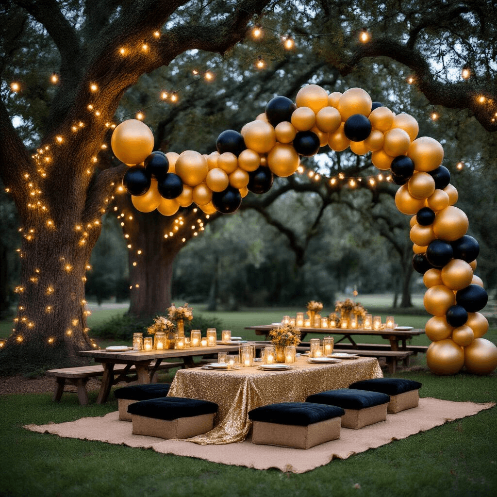 Creating Stunning Black and Gold Balloon Garlands That'll Make Your Guests Gasp Whimsical garden party setup at night with black and gold balloon garland between oak trees, picnic-style tables with burlap and sequined textiles, mason jar centerpieces with fairy lights, rustic benches with velvet cushions, and ambient string lights creating a magical atmosphere.