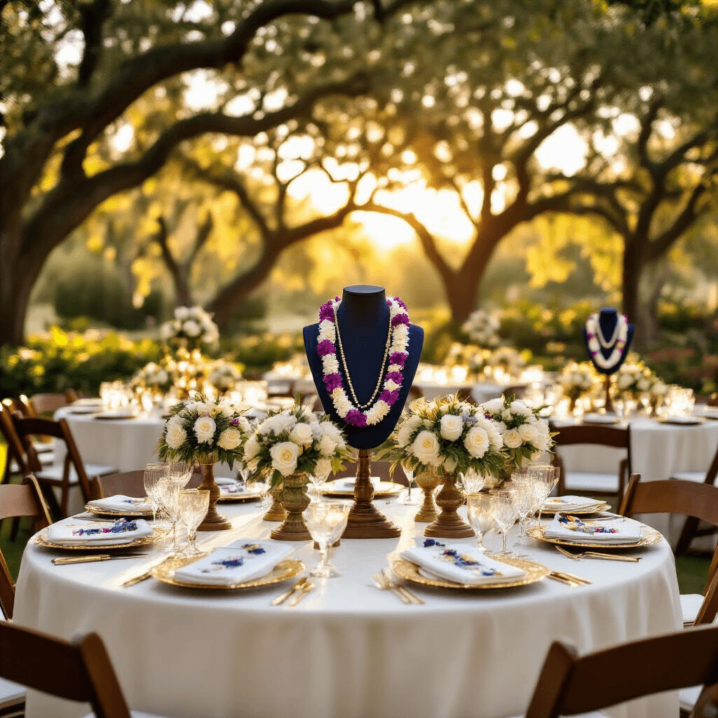 A Graduation Garland Necklace: The Perfect Graduation Gift Wide-angle shot of an elegant outdoor graduation celebration at golden hour, featuring tables draped in white linens, adorned with colorful candy leis, fresh orchid leis, and handcrafted money garlands, with graduates in caps and gowns joyfully interacting in a sophisticated garden venue under dappled sunlight.