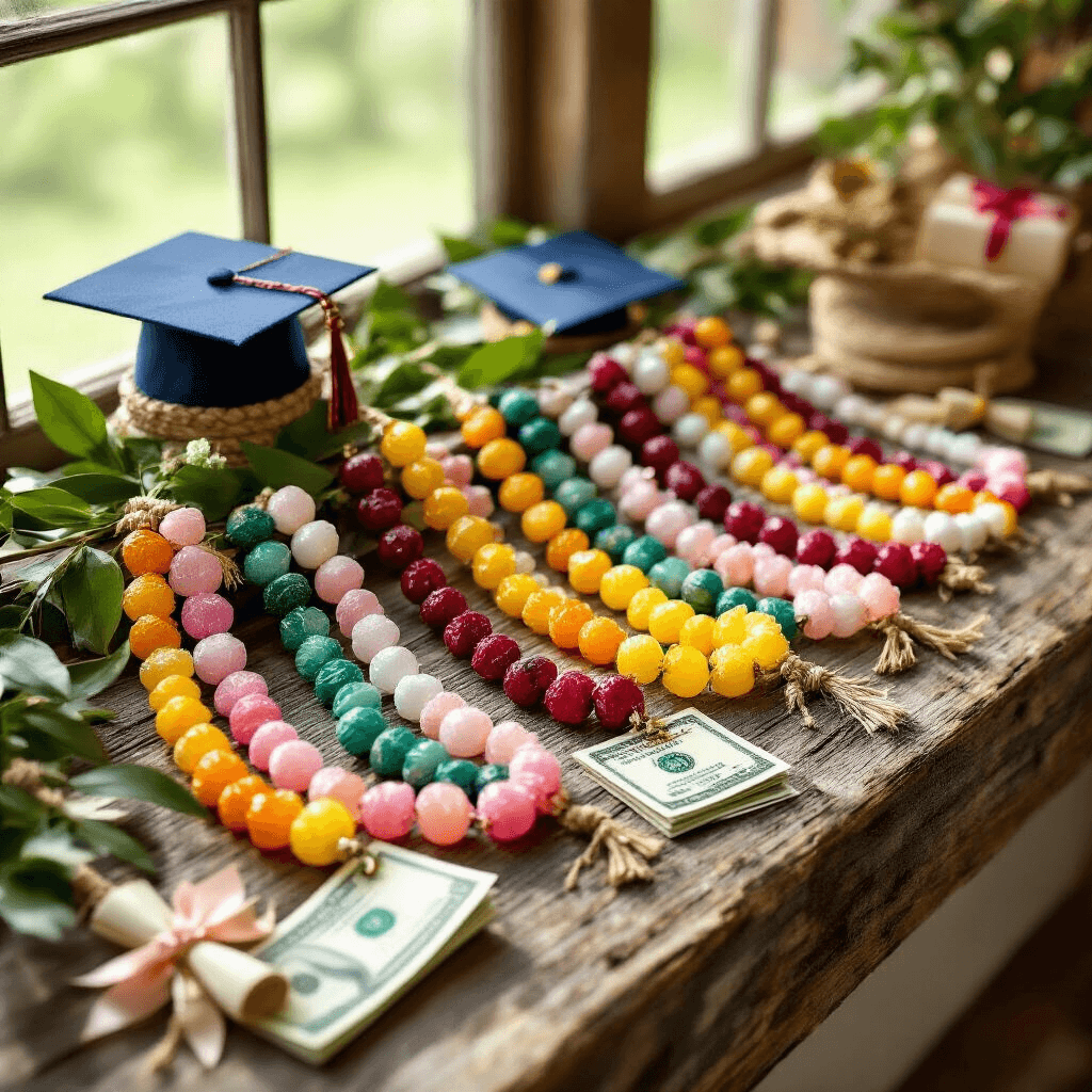 A Graduation Garland Necklace: The Perfect Graduation Gift Close-up of a flat lay arrangement featuring graduation garland necklaces on a rustic wooden surface, highlighted by morning light. The scene includes Jolly Rancher candy leis, handcrafted money leis with folded bills, fresh maile leaf Hawaiian leis, and ribbon garland necklaces with silk bows, alongside graduation caps, diplomas, and potted succulents.