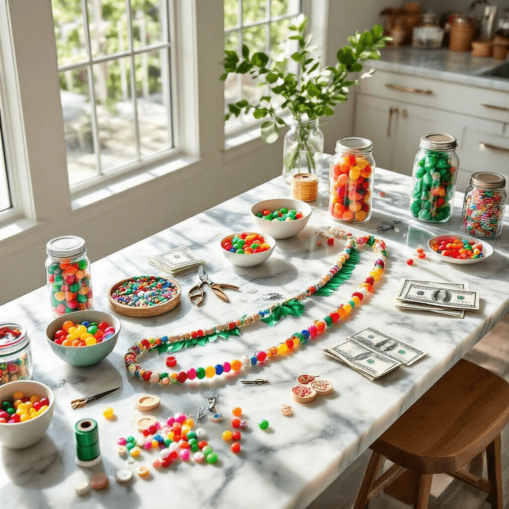 A Graduation Garland Necklace: The Perfect Graduation Gift A vibrant crafting station in a modern kitchen features a variety of supplies for making DIY graduation garland necklaces, including colorful ribbons, Jolly Rancher candies, and wooden beads, all illuminated by soft sunlight streaming through large windows.