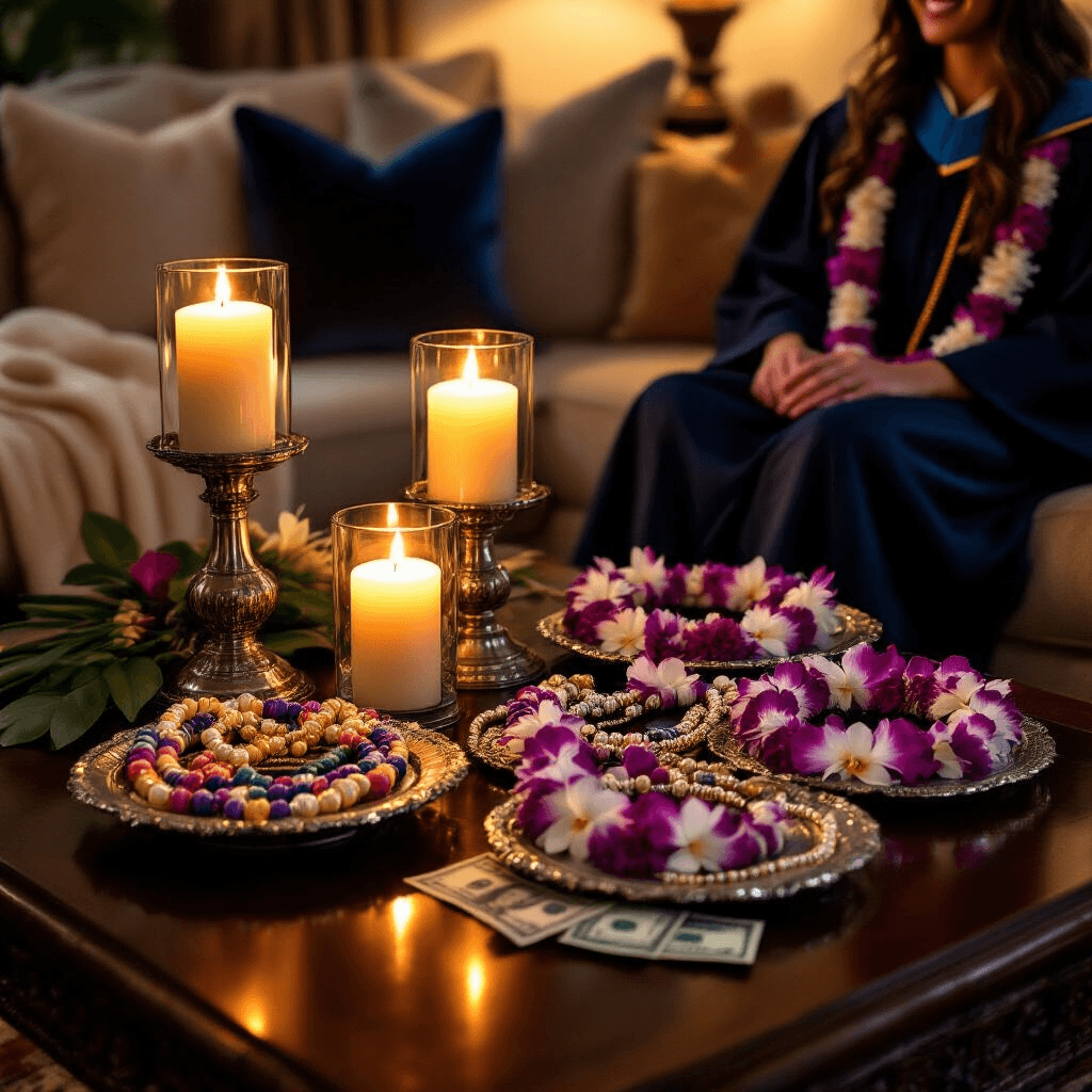 A Graduation Garland Necklace: The Perfect Graduation Gift A cozy candlelit living room celebrates graduation with a graduate in cap and gown examining a wooden bead necklace on a mahogany coffee table adorned with graduation garland necklaces, traditional Hawaiian orchid leis, and vibrant candy leis, all illuminated by warm amber light.