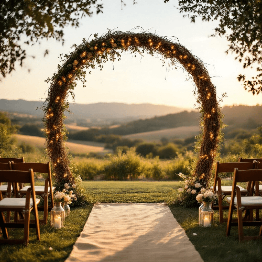 Transform Your Space with Rustic Grapevine Garland: The Natural Decorator's Secret Weapon Cinematic wide-angle shot of an elegant outdoor wedding ceremony featuring a rustic grapevine arch adorned with fairy lights, set against a picturesque countryside backdrop at golden hour.