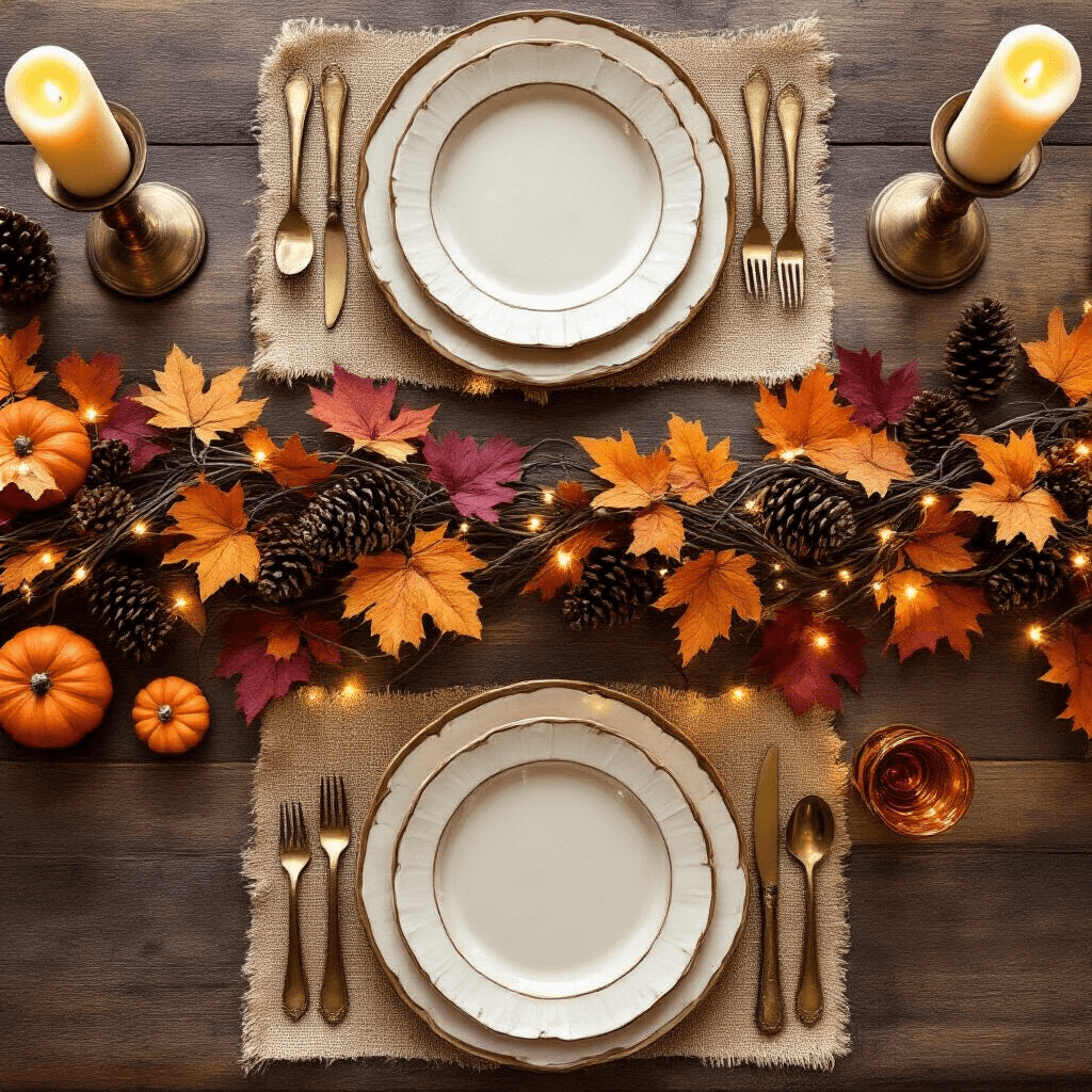 Transform Your Space with Rustic Grapevine Garland: The Natural Decorator's Secret Weapon Overhead flat lay of a fall harvest dining table featuring a grapevine garland with autumn leaves and lights, cream ceramic plates on burlap, vintage brass candlesticks, pinecones, mini pumpkins, and copper glassware, all bathed in soft natural light.