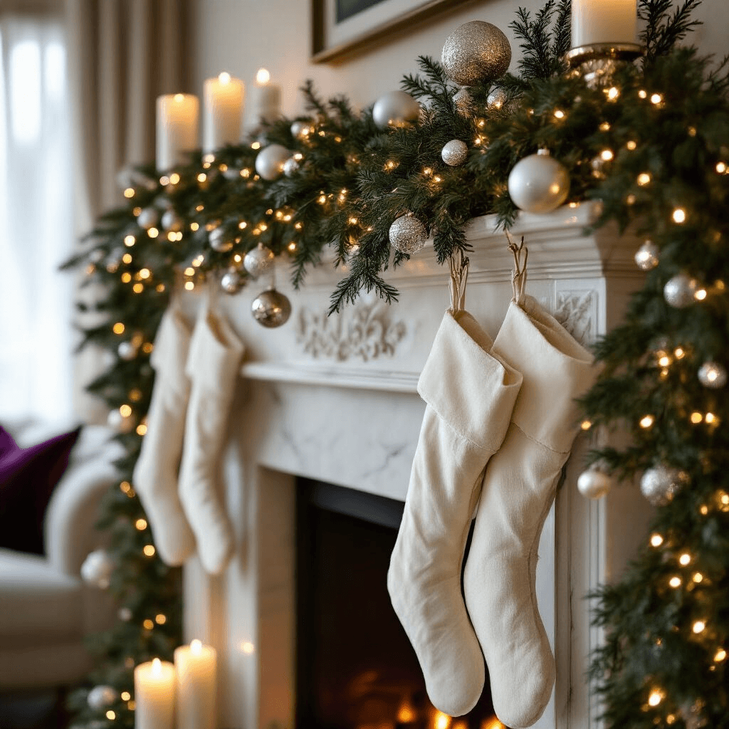 Transform Your Space with Rustic Grapevine Garland: The Natural Decorator's Secret Weapon Close-up of a luxurious living room mantelpiece decorated for Christmas, featuring a grapevine garland with LED lights, cream silk stockings, silver and ivory ornaments, and white pillar candles in mercury glass holders, set against a cozy, softly lit background.