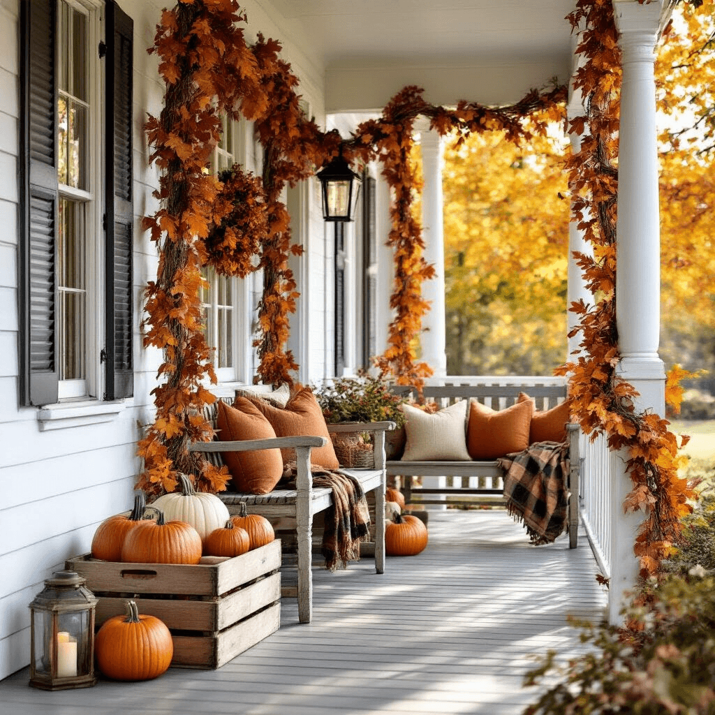 Transform Your Space with Rustic Grapevine Garland: The Natural Decorator's Secret Weapon A cozy autumn-themed front porch featuring grapevine garland, pumpkins in vintage crates, and rustic decor, illuminated by soft morning light and dappled shadows.