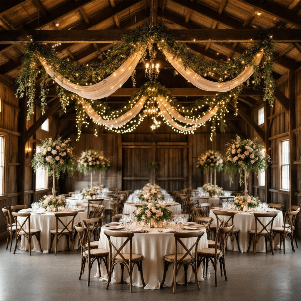 Transform Your Space with Rustic Grapevine Garland: The Natural Decorator's Secret Weapon Cinematic shot of a rustic barn wedding reception with grapevine garland and fairy lights suspended from wooden beams, round tables adorned with blush and ivory florals in mason jars, wooden farm tables with cream linen runners, and vintage chairs, all illuminated by warm golden hour light.