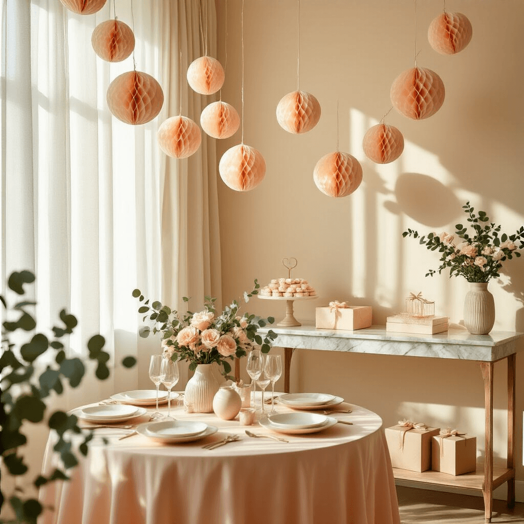How to Make Paper Garlands That Will Transform Any Space Into a Party Paradise A warm, sunlit modern apartment living room during golden hour, elegantly decorated for a baby shower with handcrafted paper ball garlands, a marble-topped console table, blush pink silk linens, delicate glass stemware, white ceramic plates, fresh eucalyptus centerpieces, and kraft paper-wrapped gift boxes, all bathed in soft afternoon light.