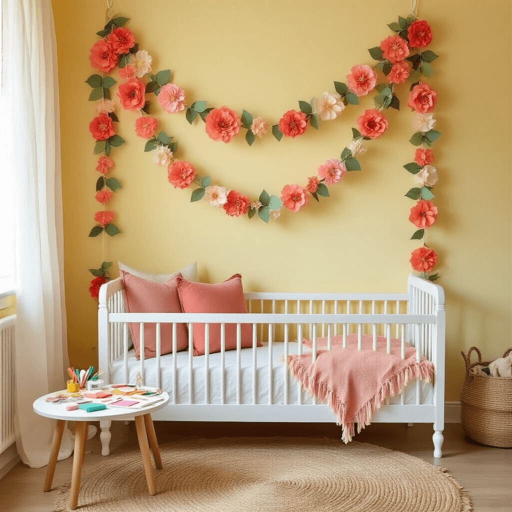 How to Make Paper Garlands That Will Transform Any Space Into a Party Paradise A whimsical child's bedroom with vibrant coral and sage green paper flower garlands draped on pale yellow walls, featuring a white wooden bed, layered textures of dusty rose pillows, a jute rug, and sheer curtains, along with a craft table displaying colorful crafting materials.
