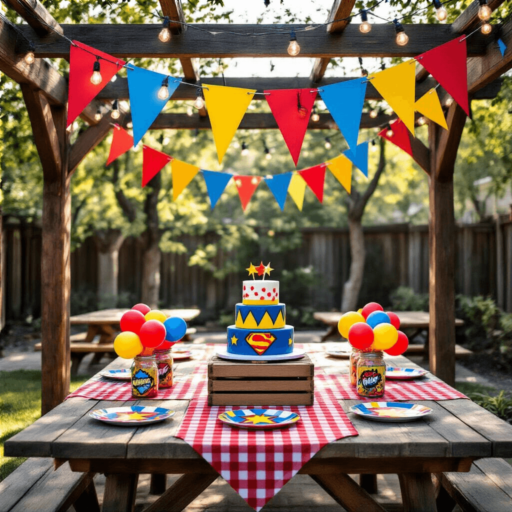 How to Make Paper Garlands That Will Transform Any Space Into a Party Paradise A vibrant backyard birthday party for a superhero theme, featuring geometric paper garlands in electric blue, sunshine yellow, and fire engine red hanging from a wooden pergola. Picnic tables with red checkered table runners are adorned with comic book-themed plates and mason jars filled with colorful balloon clusters, while string lights add a warm glow. A tiered superhero cake sits on a vintage wooden crate, surrounded by dynamic paper decorations.