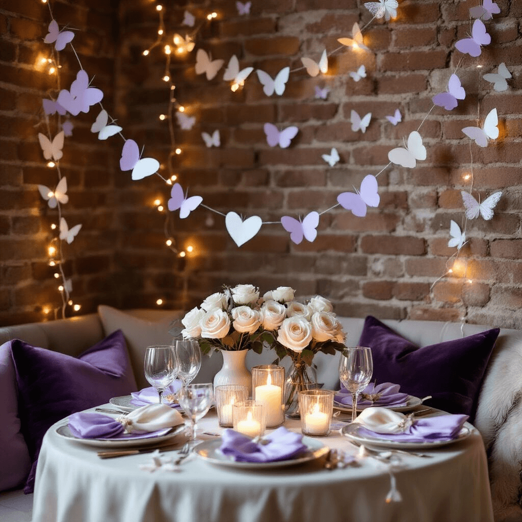How to Make Paper Garlands That Will Transform Any Space Into a Party Paradise Candlelit dining nook adorned with lavender and silver paper heart and butterfly garlands, set against exposed brick walls. A round table with velvet cushions features flickering candles and fresh white roses, with fairy lights adding a soft glow. Close-up detail highlights the intricate handmade decorations and elegant color palette.