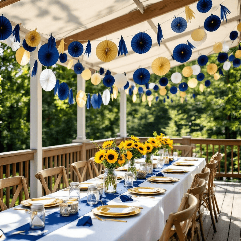 How to Make Paper Garlands That Will Transform Any Space Into a Party Paradise A festive outdoor graduation party setup on a wooden deck, featuring navy blue and gold cardstock garlands, white tent poles, long rectangular tables with crisp white linens, geometric paper shapes, gold charger plates, navy napkins, and mason jar centerpieces with sunflowers, all under midday sun.