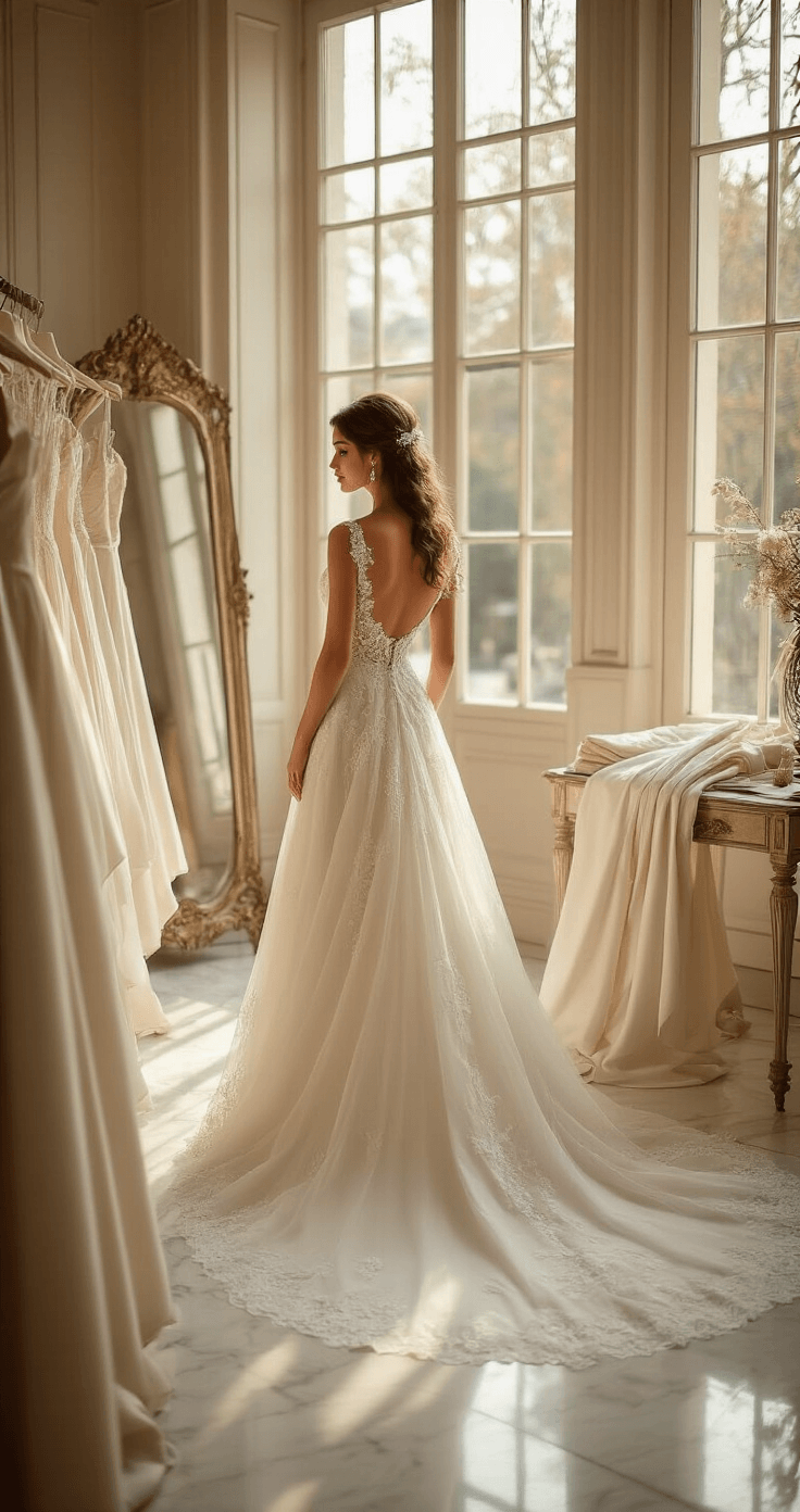 Petite Wedding Dresses: The Complete Guide to Finding Your Perfect Fit A petite bride trying on a delicate A-line wedding dress with Chantilly lace details in a bright bridal boutique, standing before a vintage mirror, surrounded by fabric samples and pearl white accessories.