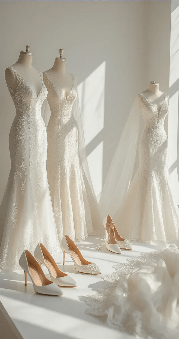 Petite Wedding Dresses: The Complete Guide to Finding Your Perfect Fit Close-up of a minimalist bridal styling scene featuring various petite wedding dress silhouettes on a white table, adorned with pearl earrings, fingertip veils, and ivory satin heels, highlighting intricate beading and lace details against a bright backdrop.