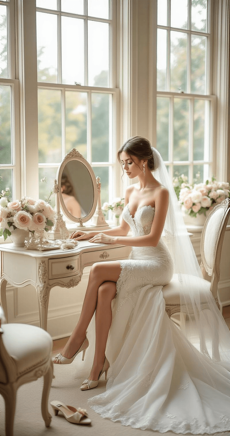 Petite Wedding Dresses: The Complete Guide to Finding Your Perfect Fit A bride in a strapless fit-and-flare dress with lace details sits at an antique vanity in a luxurious bridal suite, illuminated by soft natural light from floor-to-ceiling windows overlooking a garden. Pearl accessories, bridal shoes, and a fingertip veil rest on nearby furniture, complemented by a color palette of soft whites, champagne, and blush pink flowers.