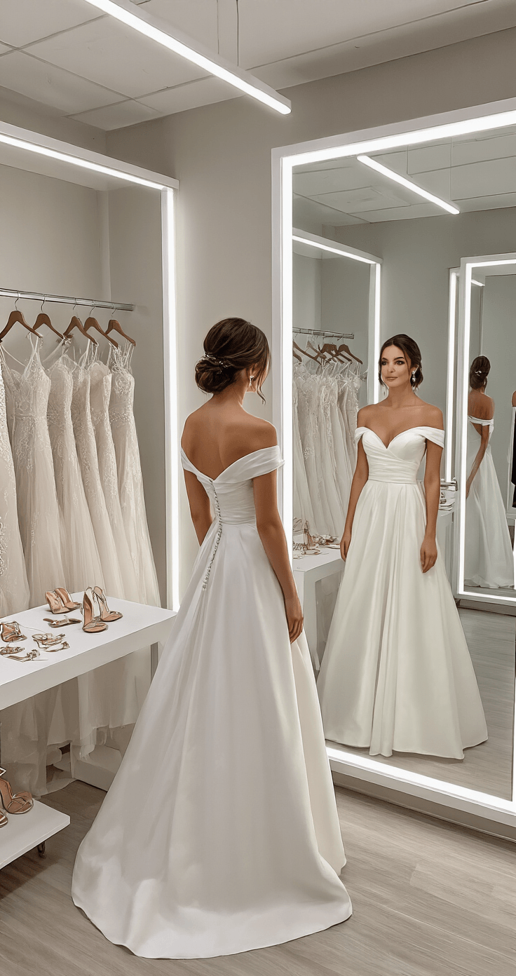 Petite Wedding Dresses: The Complete Guide to Finding Your Perfect Fit A petite bride tries on an off-the-shoulder A-line gown in a contemporary bridal salon fitting room, surrounded by dress options and styling accessories on a white table, in a bright and airy atmosphere.