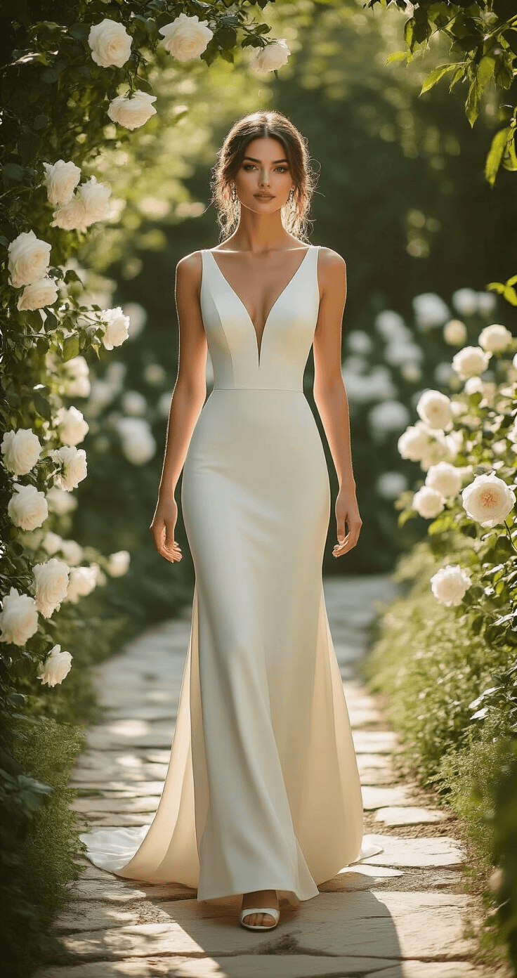 Petite Wedding Dresses: The Complete Guide to Finding Your Perfect Fit A petite bride in a sleek sheath wedding dress walks along a stone pathway in an elegant outdoor garden setting, surrounded by white roses and soft morning light, wearing ivory heels and simple pearl accessories.