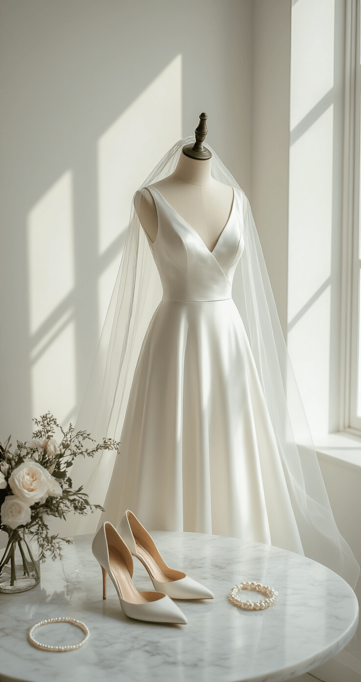 Destination Dreams: The Ultimate Guide to Wedding Dresses for Your Getaway Ceremony Elegant A-line wedding dress on a mannequin in a minimalist white studio, surrounded by pearl jewelry, ivory heels, and a delicate veil on a marble table, with soft shadows created by natural window light. Overhead view emphasizing clean lines and luxurious textures.