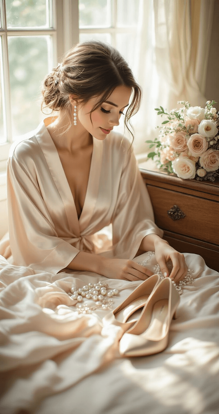 Destination Dreams: The Ultimate Guide to Wedding Dresses for Your Getaway Ceremony A woman lays out her wedding day essentials, including a silk robe, pearl earrings, nude pumps, and a delicate bouquet, on a vintage wooden dresser illuminated by gentle morning light, capturing an intimate and peaceful preparation moment in soft pastels.