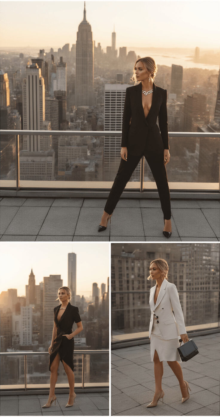 Destination Dreams: The Ultimate Guide to Wedding Dresses for Your Getaway Ceremony Modern bride in sleek sheath dress and structured blazer poses on urban rooftop at sunset, showcasing geometric jewelry and pointed-toe pumps against a city skyline.