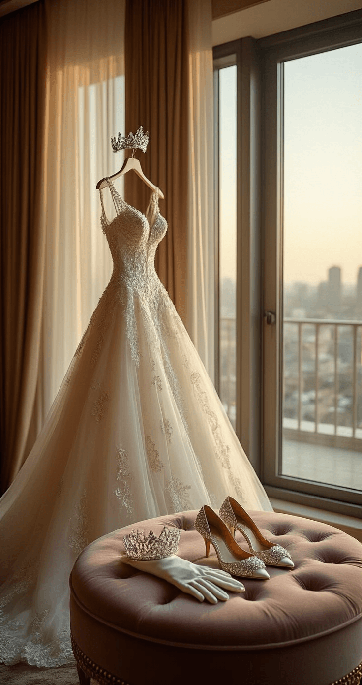 Destination Dreams: The Ultimate Guide to Wedding Dresses for Your Getaway Ceremony Luxurious hotel suite with a ball gown hanging by floor-to-ceiling windows, showcasing intricate beadwork and adorned with a crystal tiara, satin gloves, and jeweled heels on a velvet ottoman, all bathed in soft morning light, creating an opulent and regal atmosphere.