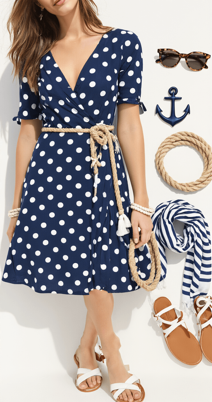 Beach Wedding Dresses: Finding the Perfect Dress for Your Seaside Ceremony Chic flat lay of a navy blue polka dot wrap dress with white leather sandals, a rope belt, vintage sunglasses, an anchor bracelet, and a striped scarf, all styled on a seaside terrace in bright midday light.